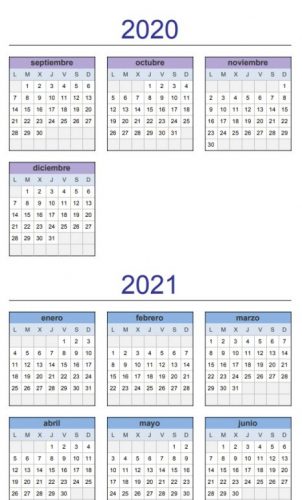Calendario anual del curso escolar 2020-2021 imprimible.