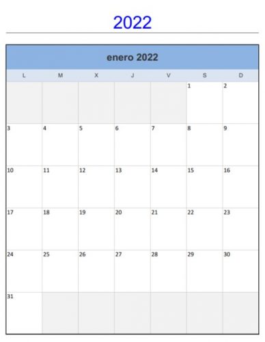 Calendario de Enero del 2022 imprimible y gratuito Vertical