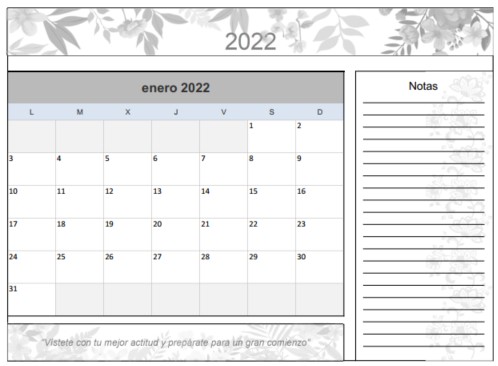 Calendario de Enero del 2022 imprimible y gratuito flores
