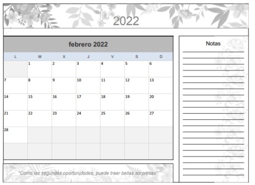 Calendario de Febrero del 2022 imprimible y gratuito flores