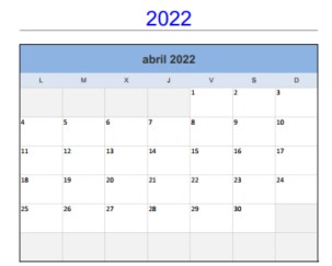  Calendario Abril 2022 en Horizontal. 