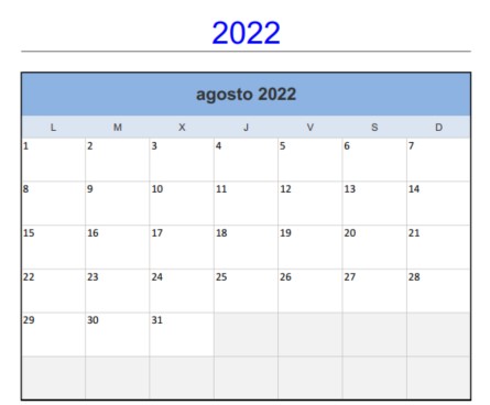 Calendario Agosto 2022 en Horizontal.