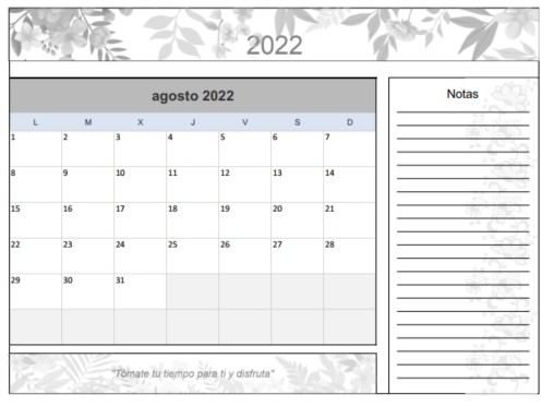 Calendario de Agosto del 2022 imprimible y gratuito flores