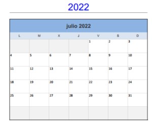 Calendario Julio 2022 para imprimir gratis en Horizontal.