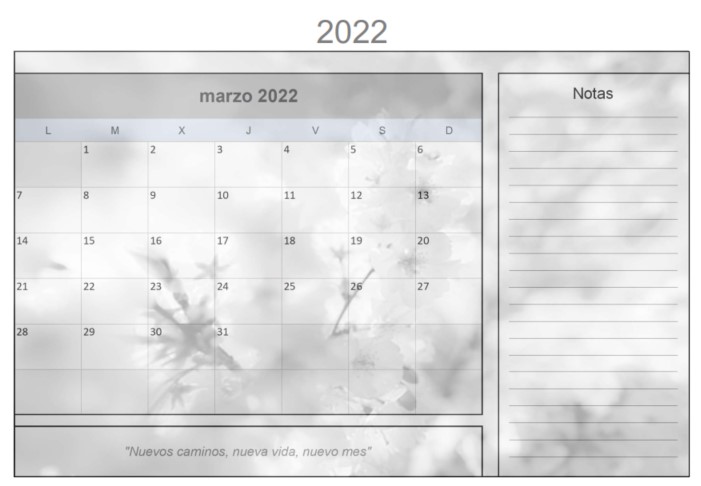Calendario Marzo 2022 para imprimir gratis - Diseño Invernal  