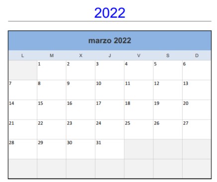  Calendario Marzo 2022 en Horizontal. 