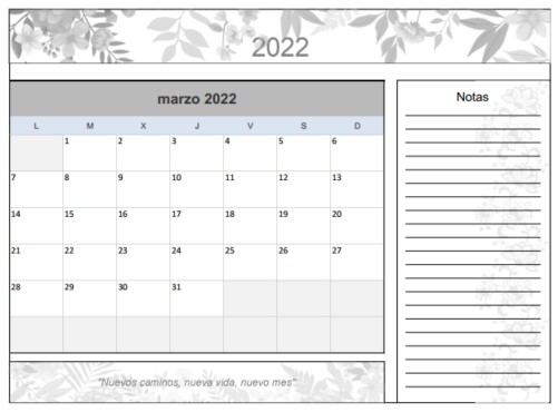  Calendario Marzo 2022 en Flores 