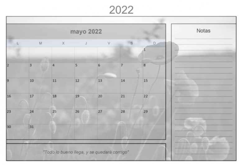Calendario de Mayo del 2022 imprimible y gratuito Diseño