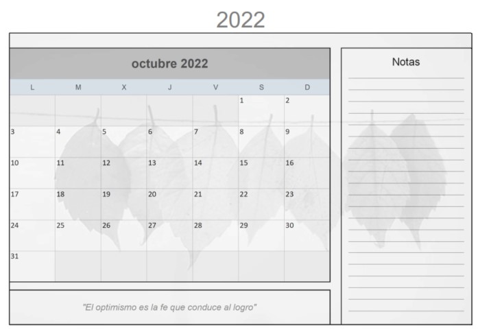 Calendario de octubre del 2022 imprimible y gratuito Diseño