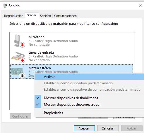 Activar Mezcla estereo para grabar audio interno PC Windows 10