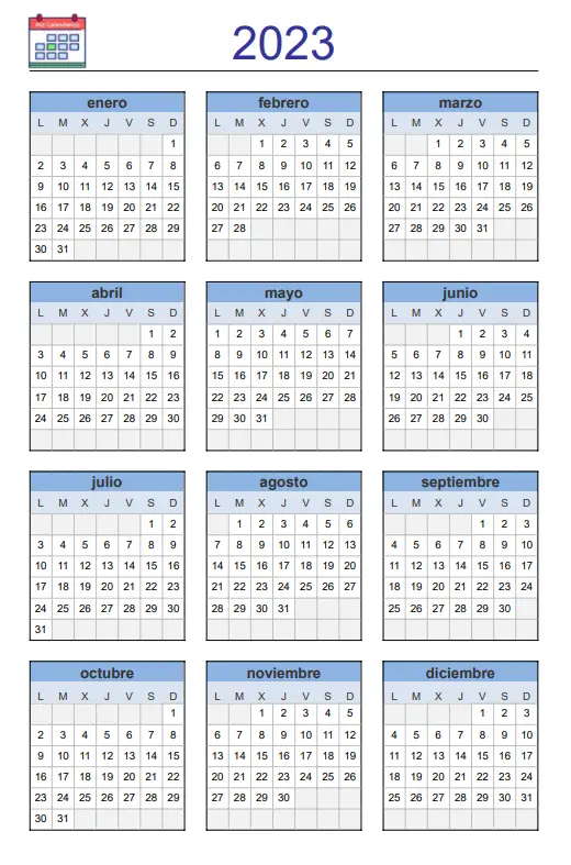 Calendario Anual 2023 en Microsoft Excel y PDF para imprimir. Formato A4 vertical