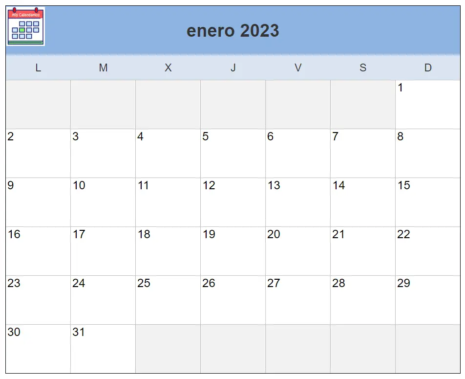 Mes de Enero del Calendario 2023 Excel y PDF