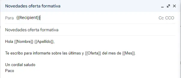 Plantilla 1 de correos masivos personalizados con Gmail