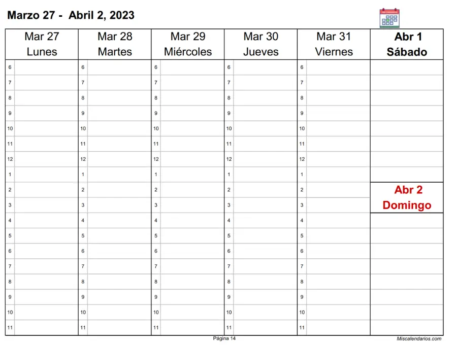 Calendario semanal Excel 2023 horizontal 6 columnas