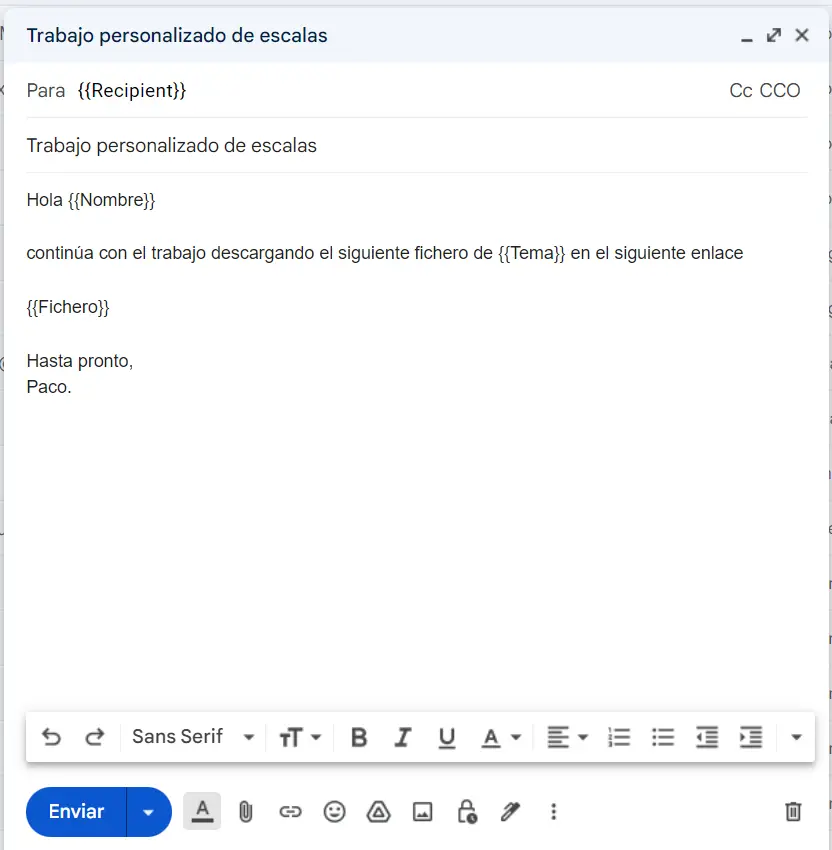 Plantilla del email masivo con adjuntos personalizados