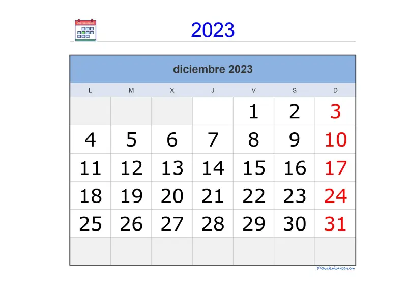 Calendario Diciembre 2023 Grandes Números