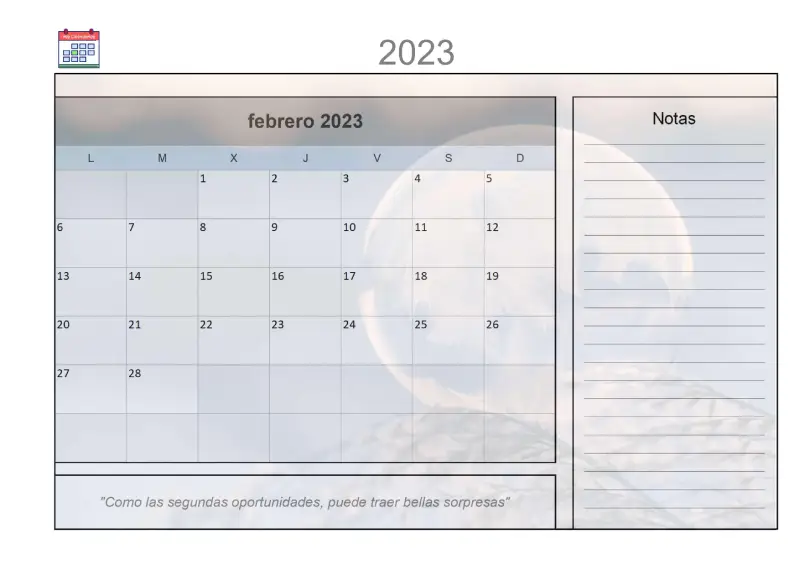 Calendario Febrero 2023 Diseño Excel