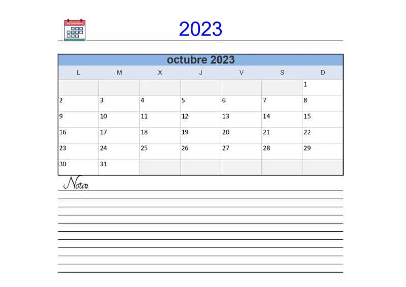 Calendario Octubre 2023 Notas