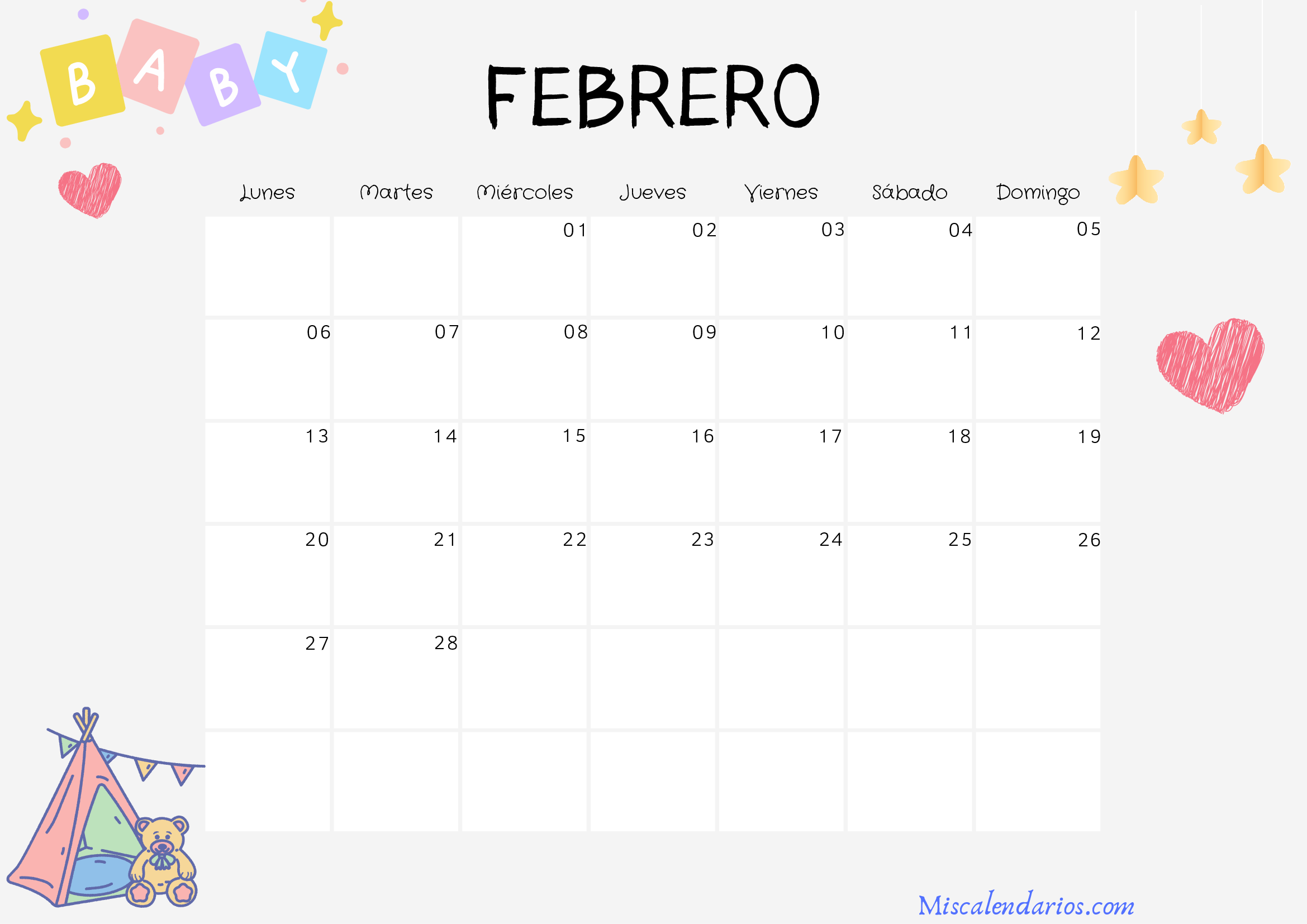 Calendario Febrero 2023 PDF - Bebés.