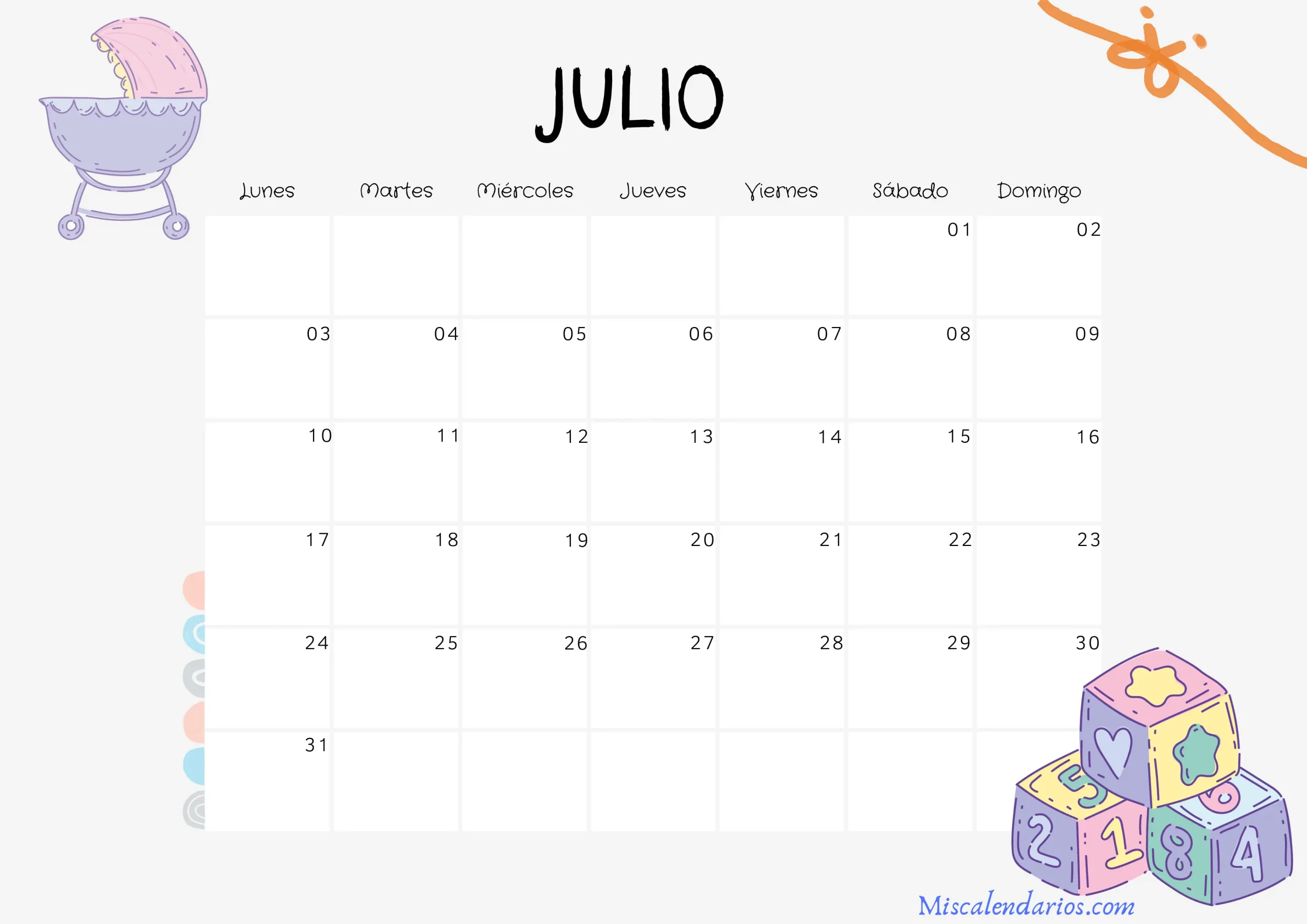 Calendario para imprimir PDF Gratis Julio