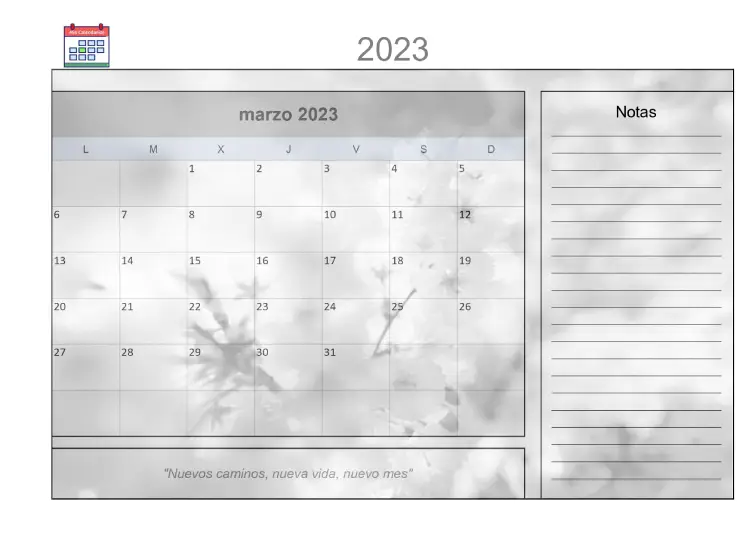 Plantilla Calendario Marzo 2023 Excel Diseño