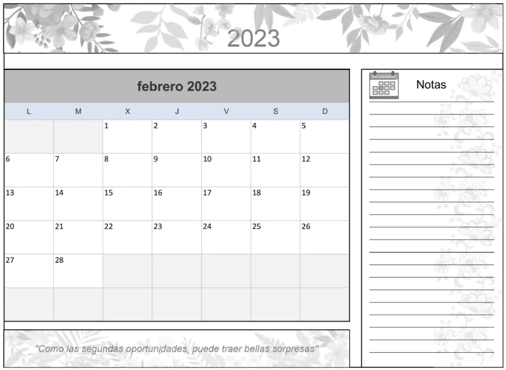 Calendario Flores Febrero Excel