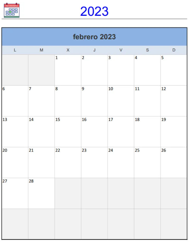 Calendario Vertical Febrero 2023