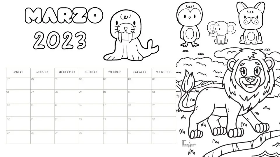 Calendario marzo 2023 Colorear animales - Tecnoapuntes
