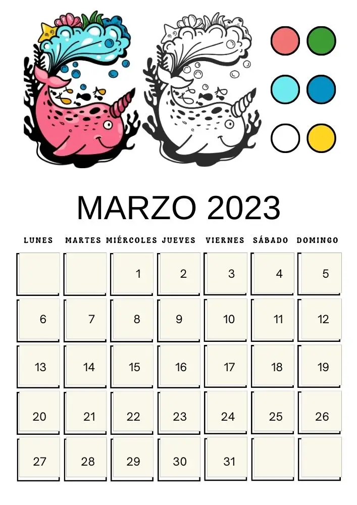 Calendario marzo 2023 Colorear ballenicornio - Tecnoapuntes