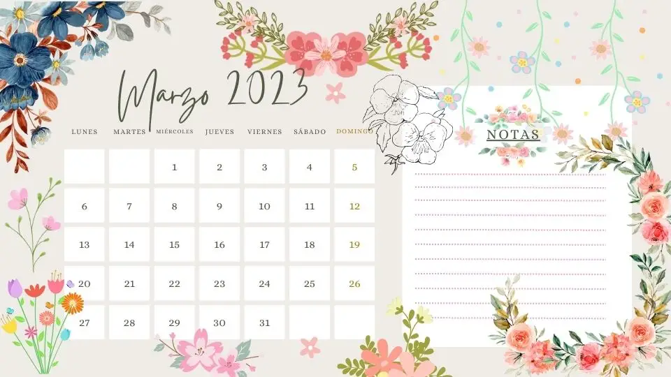 Calendario marzo 2023 Notas Flores - Tecnoapuntes