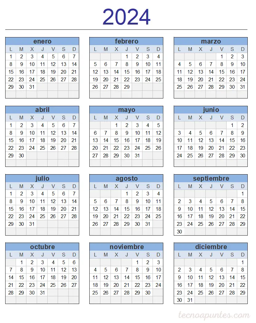 Calendario 2024 Excel ANUAL para Imprimir 