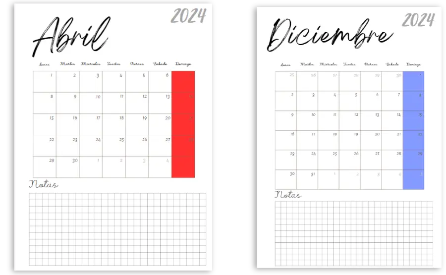 Calendarios mensuales-2024 con Planificador Semanal