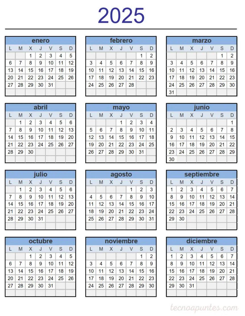 Calendario 2025 Excel para Imprimir 