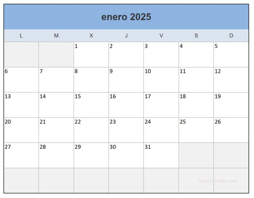 Calendario 2025 Excel MENSUAL para Imprimir - Tecnoapuntes