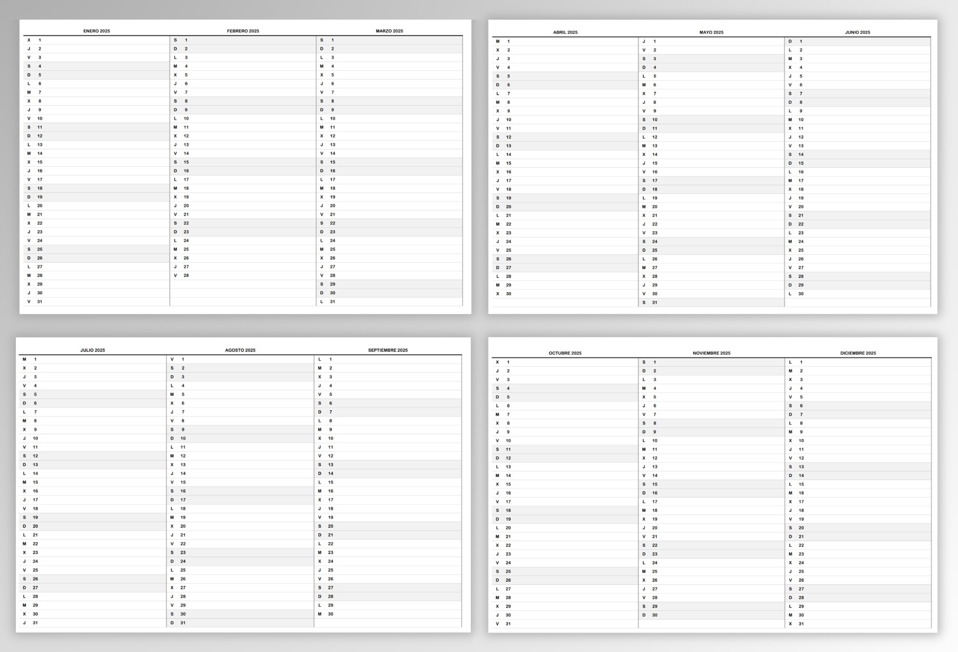 calendario trimestral 2025 excel y pdf