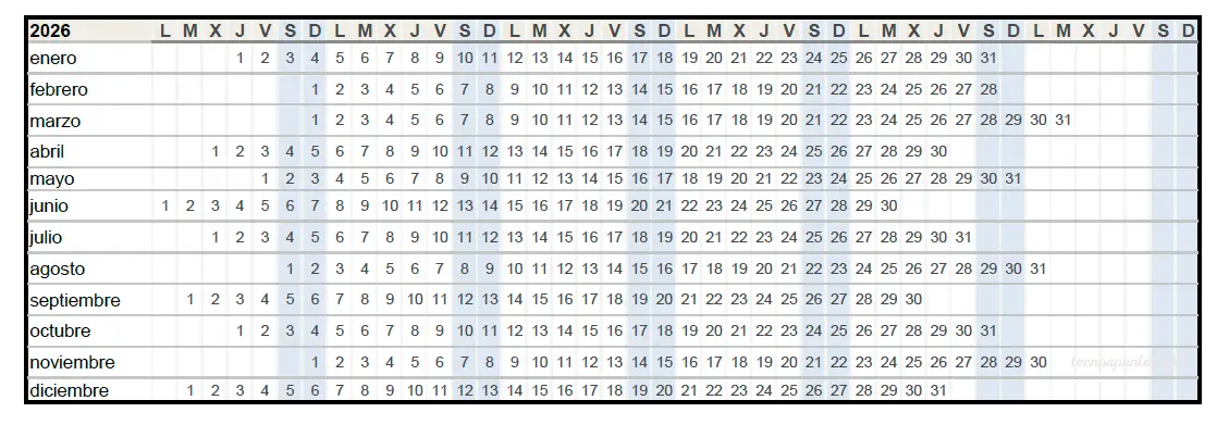 Calendario 2025 Excel MINI para Imprimir - Tecnoapuntes